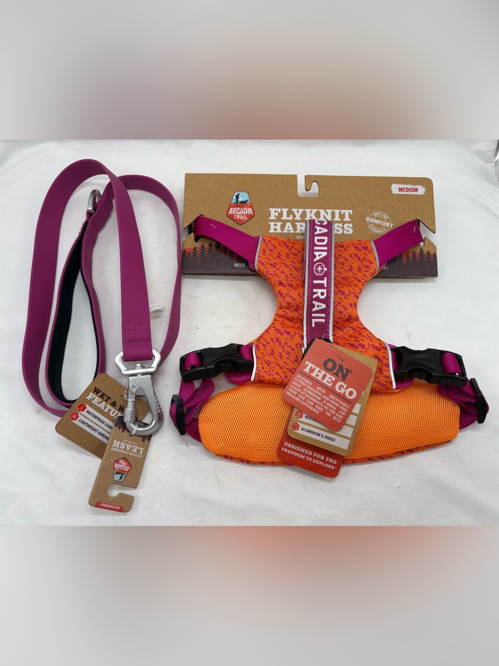 Arcadia Trail Flynet Harness Orange Berry Medium With Matching Berry 4 ft Leash